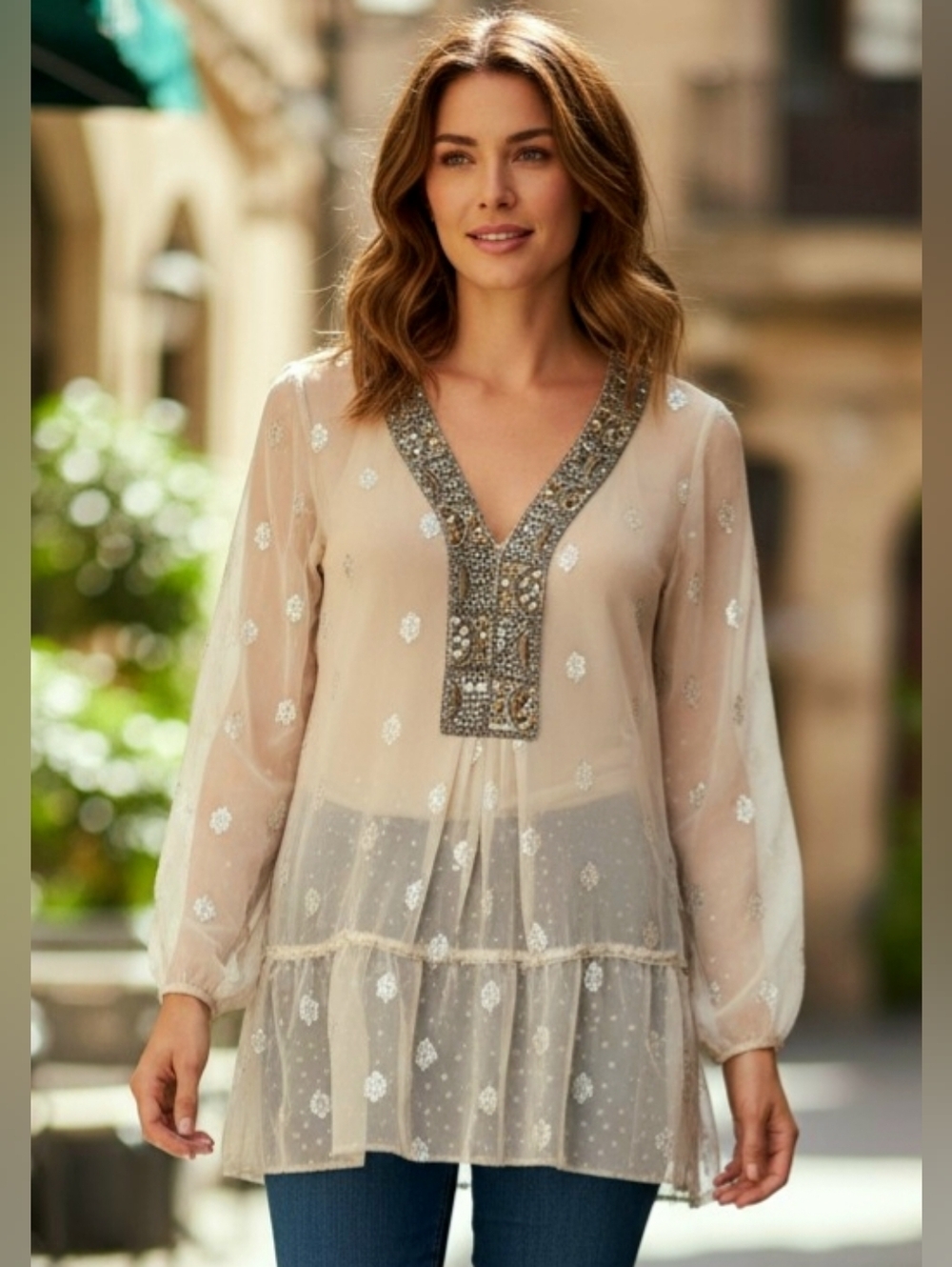 Hale Bob 100% Silk Embellished Tunic Blouse Boho Luxe Sheer Top S